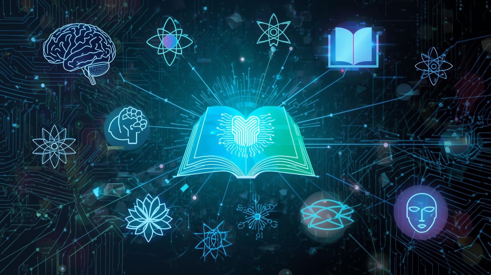 a collage of icons (brain, ai chip, book, atoms, wellness symbols, tech lines).